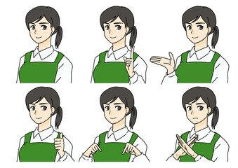働く女性店員の色々な表情としぐさと合図