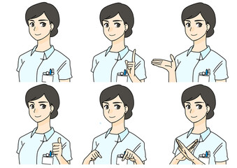 働く女性看護師の色々な表情としぐさと合図