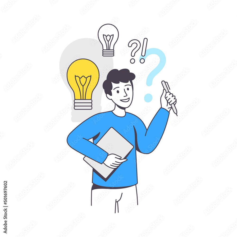 Poster business project with man character with light bulb working with startup outline vector illustration