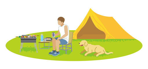 Man enjoying camp with a dog - Summer