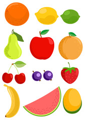 A set of ripe fruits. Set of pear lemon banana cherry fruit icons illustration. Flat style