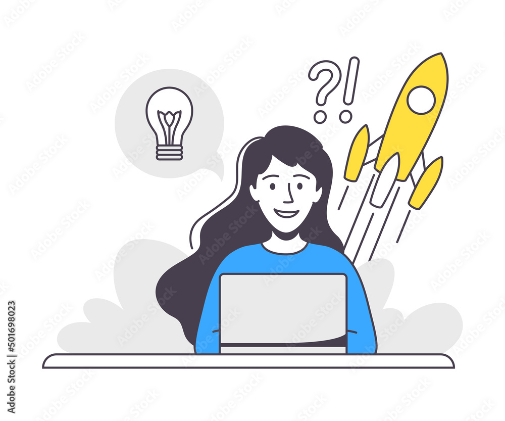 Poster business project with woman character with laptop and rocket launch working with startup outline vec