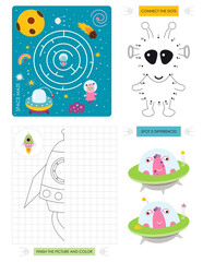 Space Activity pages for kids. Printable activity sheet with mini games – Maze game, Dot to dot, Finish the Picture, Spot differences. Vector illustration. Cute Aliens.