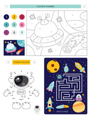 Space Activity pages for kids. Printable activity sheet with mini games – Maze game, Dot to dot, Color by numbers. Vector illustration. Cartoon Astronaut.
