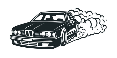 Smoky wheel. Illustration of a drift sports car. - obrazy, fototapety, plakaty