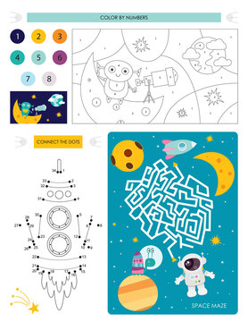Space Activity pages for kids. Printable activity sheet with mini games – Maze game, Dot to dot, Color by numbers. Vector illustration. Cute Space Characters.