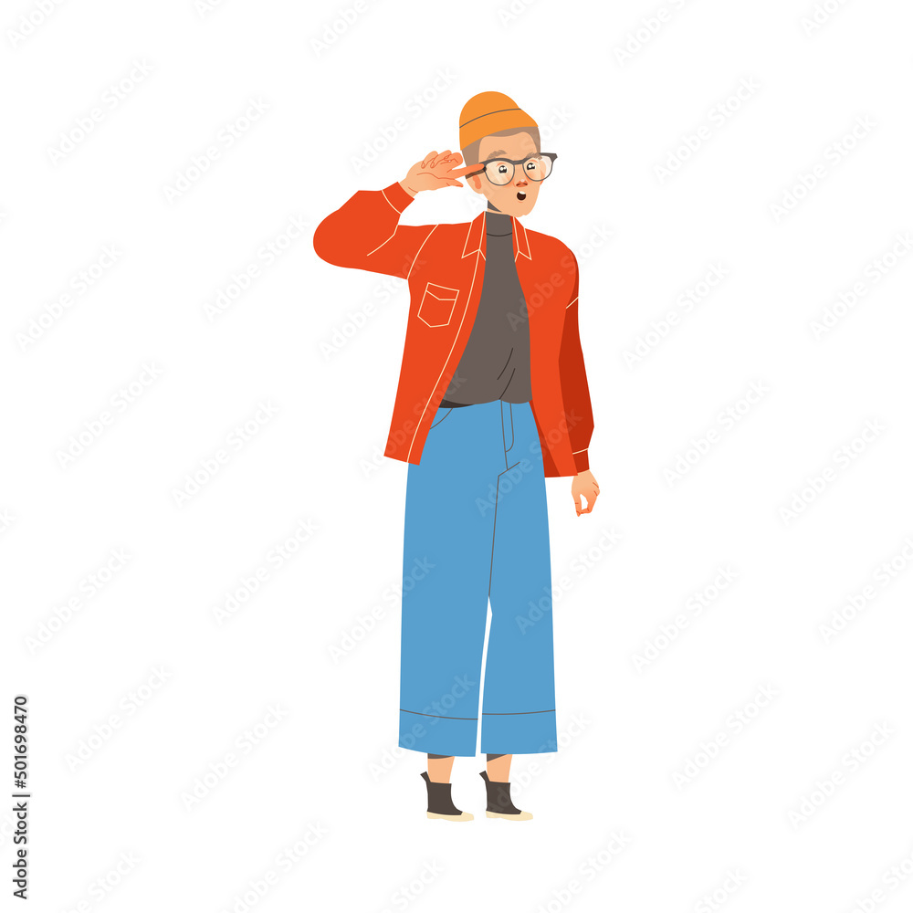 Poster man character in glasses twisting finger at temple showing hand gesture expressing emotion with body