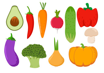 Different vegetables. Vegetables vector icon set. Colored hand-drawn linear elements with an outline are isolated on a white background. For the design of kitchen accessories and food packaging