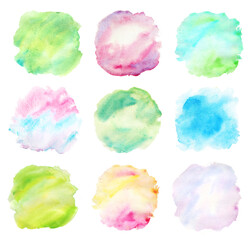 Set of watercolor splashes with bright colors backgrounds on white. 