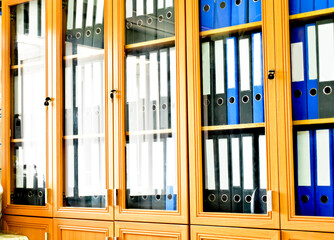 An office file cabinet that holds a large number of binders in an office, soft and selective focus on document binders.