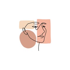 Continuous line woman face in lineart boho style. Linear girl beauty portrait. Elegant fashion drawing, minimal painting of female. Modern contoured vector illustration isolated on white background