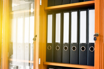 An office file cabinet that holds a large number of binders in an office, soft and selective focus...