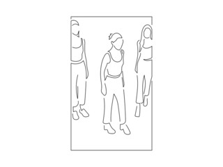 Young fashion models in line art drawing style. Composition of a group of beautiful women posing. Black linear sketch isolated on white background. Vector illustration design.
