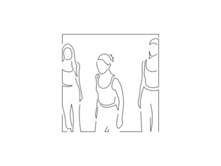 Young fashion models in line art drawing style. Composition of a group of beautiful women posing. Black linear sketch isolated on white background. Vector illustration design.