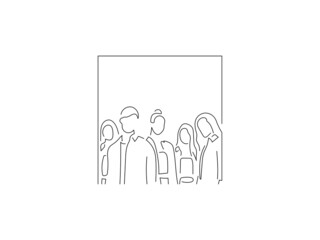 Young fashion models in line art drawing style. Composition of a group of beautiful women posing. Black linear sketch isolated on white background. Vector illustration design.