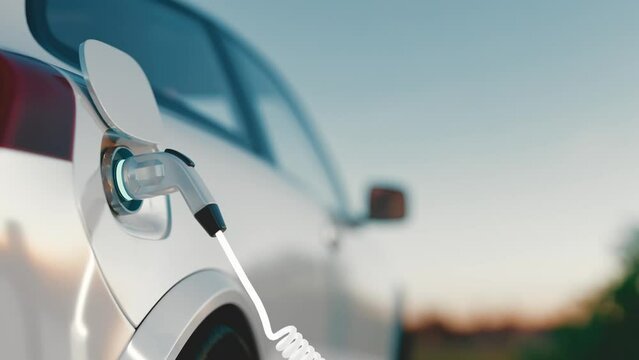 Electric car charging. Electric vehicle charging port plugging in car. 4K Cinematic 3d rendering
