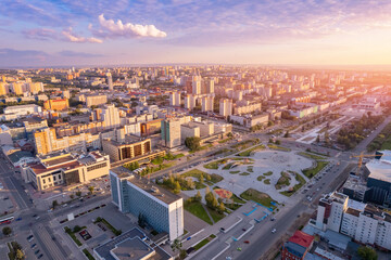 Obraz premium Aerial view City Perm Russia, historical building with sunset, drone photo