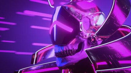 Portrait of scary futuristic necromancer with human skull, metal teeth wears sci-fi virtual reality glasses. Black armor with glowing pink white wires floating in the air. 3d render on purple backdrop