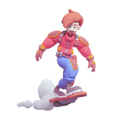 Fototapeta na wymiar Funny kawaii positive teenage girl with an open smiling mouth wears red puffer jacket, blue jeans rides futuristic sci-fi skateboard flying in air. Minimal style. 3d render isolated on white backdrop.