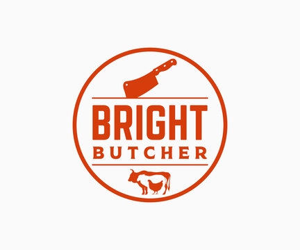 Butcher Shop Logo Template. Cow, Lamb, Chicken and Meat Cleaver Knife Vector Design Template.