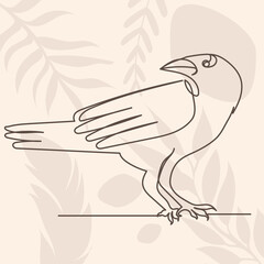 crow, bird drawing by one continuous line, on abstract background