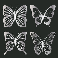 Fototapeta na wymiar butterflies silver silhouette, on white background, isolated, vector