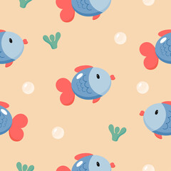 Seamless Pattern with Fish. Vector illustration. For greeting card, posters, banners, the card, printing on the pack, printing on clothes, fabric, wallpaper.