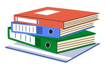 A stack of office folders in different colors and designs. Office tools. Stationery for working with documents. Files, bags, storage systems. Isolated elements. Flat style in vector illustration.