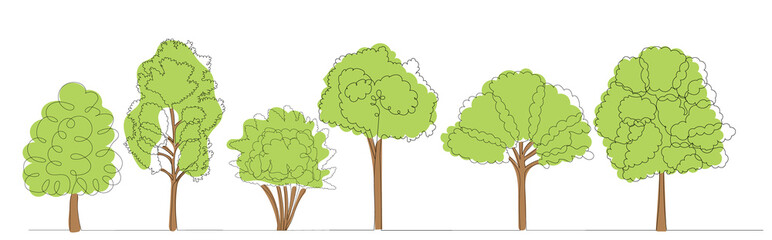 trees drawing by one continuous line, sketch