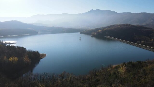 Aerial view of Srechenska Bara Reservoir, Montana Region, Bulgaria