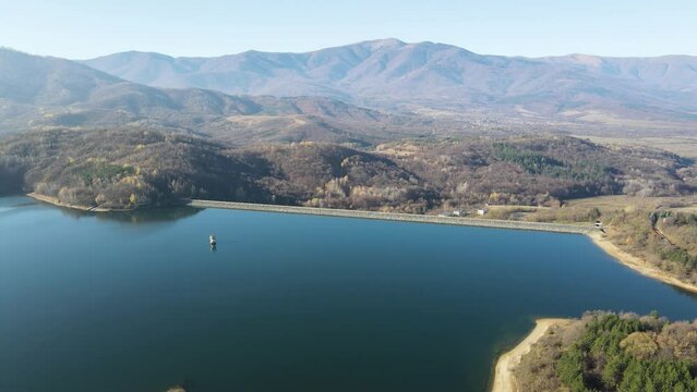 Aerial view of Srechenska Bara Reservoir, Montana Region, Bulgaria