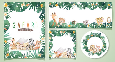 Cute doodle safari animals with floral set illustration - obrazy, fototapety, plakaty