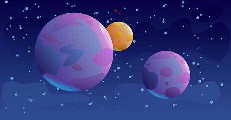 Satellite planets in space. Beautiful scenery. Cartoon flat style design. Starry sky. Vector