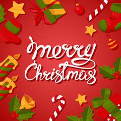 Christmas card. Festive items on a red background