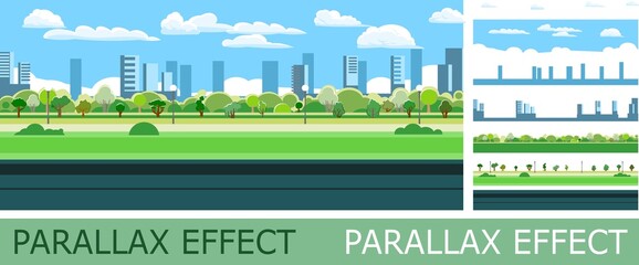 Good asphalt road with parallax effect. Park city area. Side view. Quality modern empty highway. Suburban intercity pathway. Background illustration. Vector