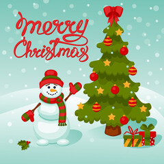 Christmas card. Snowman, Christmas tree and gifts