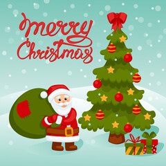 Fototapeta na wymiar Christmas card. Santa Claus with a bag of gifts