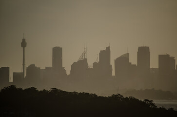 Fototapeta na wymiar Silhouette photography of Sydney Cityscape view at sunset time.
