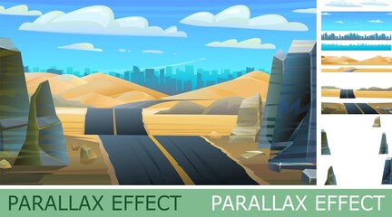 Desert road with parallax effect. Blue big city in distance on horizon. Landscape of southern countryside. Large dunes hills. Way to metropolis. Stone rocks and boulders. Cool cartoon style. Vector