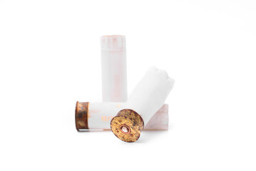 Hunting shot cartridges, used, isolated on white background.