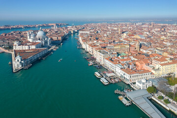 Fototapeta na wymiar Aerial view of St Mark's square, Grand Canal and Dogana da Mar, Venice, Veneto, Italy, Europe.