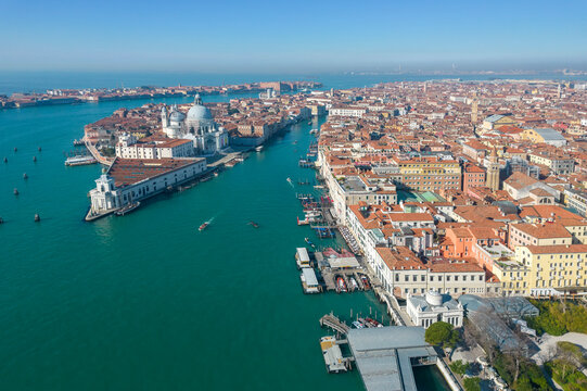 Aerial view of St Mark's square, Grand Canal and Dogana da Mar, Venice, Veneto, Italy, Europe. © Peter