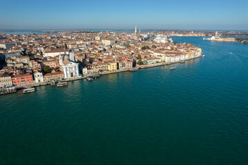 Aerial view of Dorsoduro and Canale della Giudecca, Venice, Veneto, Italy, Europe.