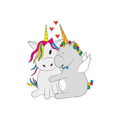 Loving cartoon unicorns. Hugging unicorns. For printing on T-shirts, dishes, embroidery, sticker. Vector illustration isolated on white background.