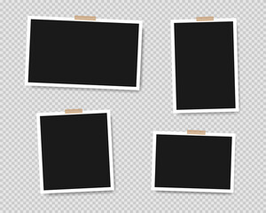 Set of empty photo frames with adhesive tape isolated on transparent background. Vector illustration EPS 10