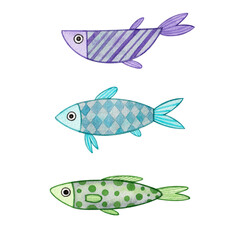 A beautiful set with cute watercolor fish. Stock design illustration. Underwater world. Collection. Sea. Printing on paper and cards. Art. Handmade. Water. Multicoloured.