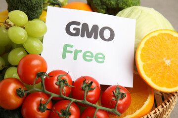 Tasty fresh GMO free products and paper card, closeup
