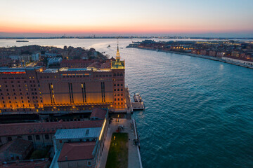 The Hilton Molino Stucky, Aerial View of Ciudecca Canal at dusk, Venice, Veneto, Italy