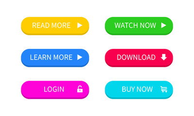Ui buttons. Colored trendy flat button. Buy, now and learn, more. Download and read, more. Vector EPS 10