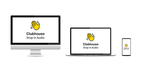PC laptop tablet and smartphone creen set with Clubhouse invite logo on display. Vector illustration EPS 10